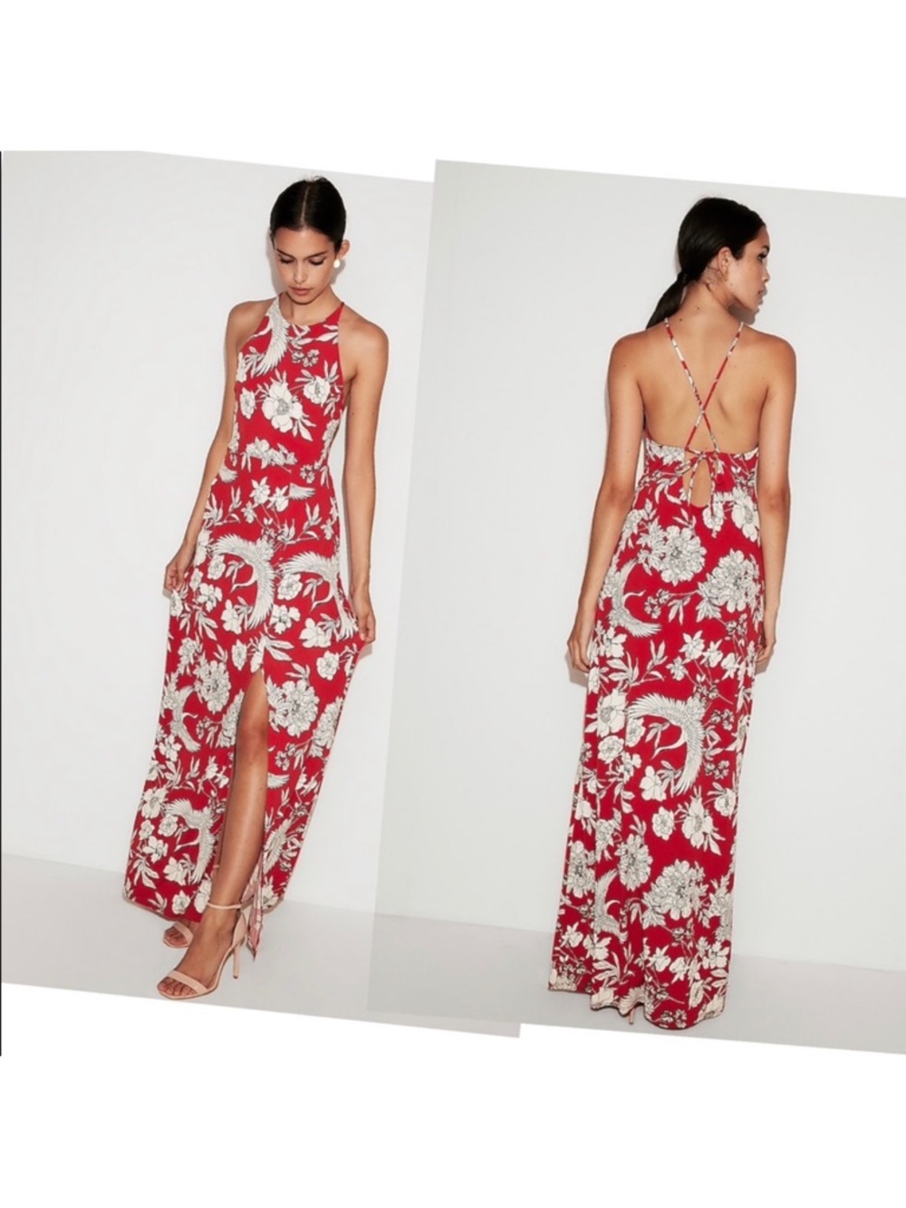 Express Red Floral Halter Maxi Dress Open Back - Like New Small